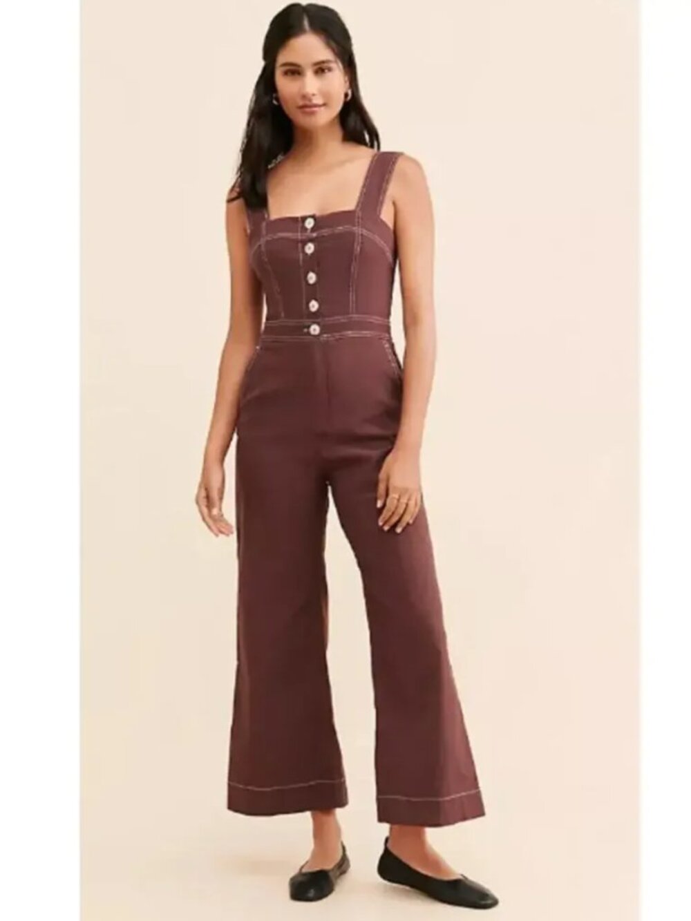 Anthropologie Maeve The Colette Portside‎ Button-Front Jumpsuit Brown 10 NEW NWT